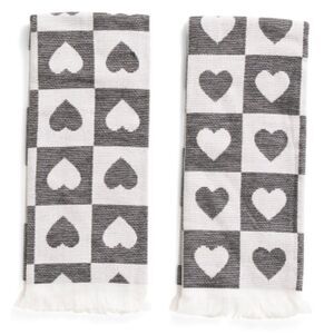 cupcakes and cashmere White Black Checkered Heart Grid Cotton Blend Tea Towels